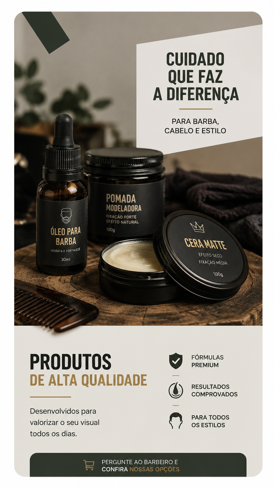 Arte de signage: produtos premium — óleo para barba, pomada modeladora e cera matte