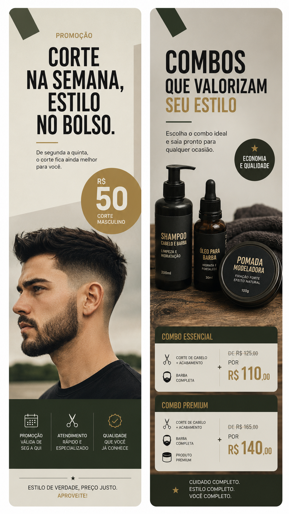 Artes de signage: promoção de corte na semana por R$50 e combos essencial e premium