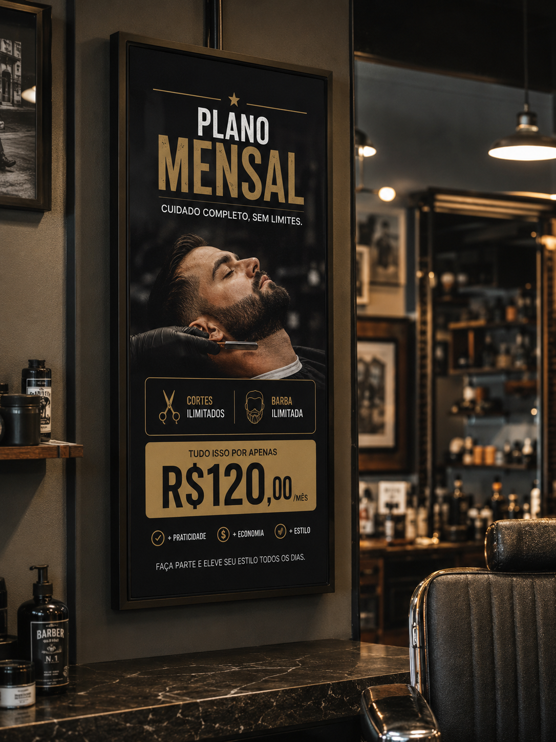Monitor vertical numa barbearia mostrando plano mensal por R$120 com cortes e barba ilimitados