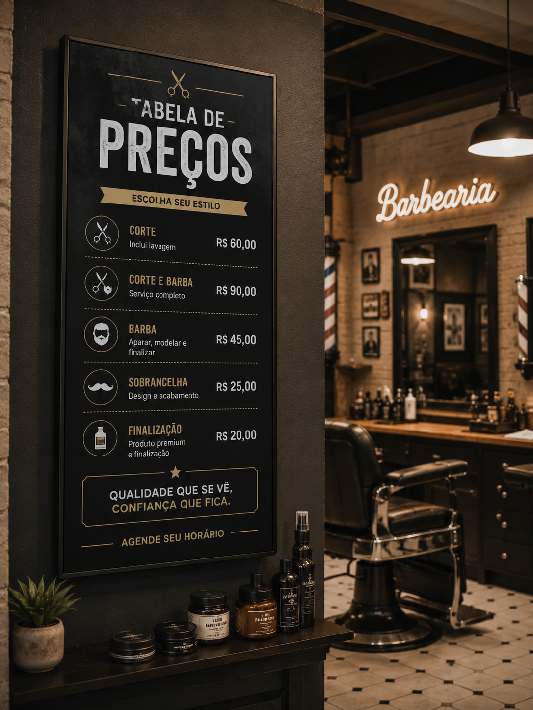 Monitor vertical numa barbearia mostrando a tabela de preços dos serviços