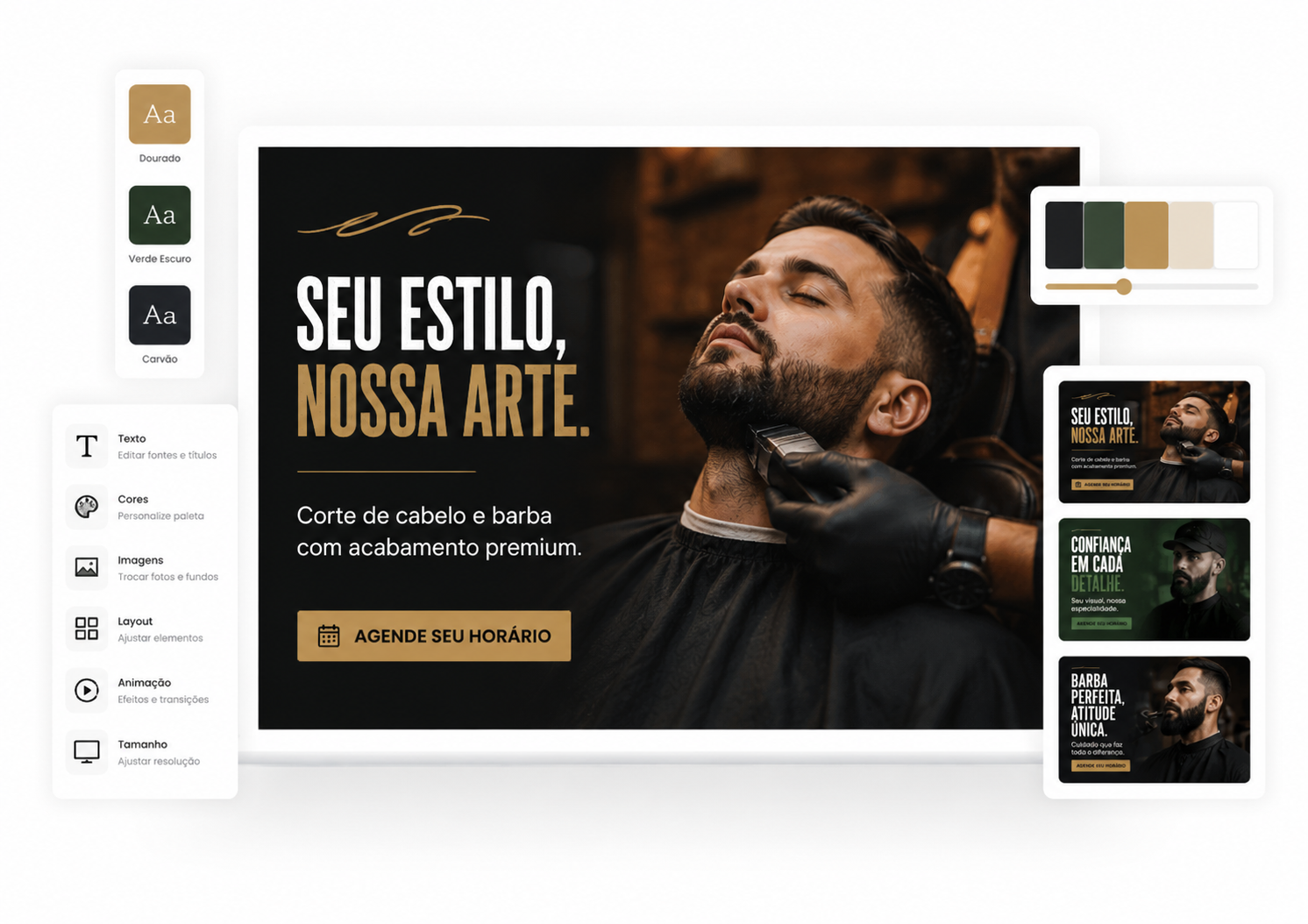 Painel da LoopiTV: editor de template com opções de texto, cores, imagens, layout e modelos prontos pra barbearia