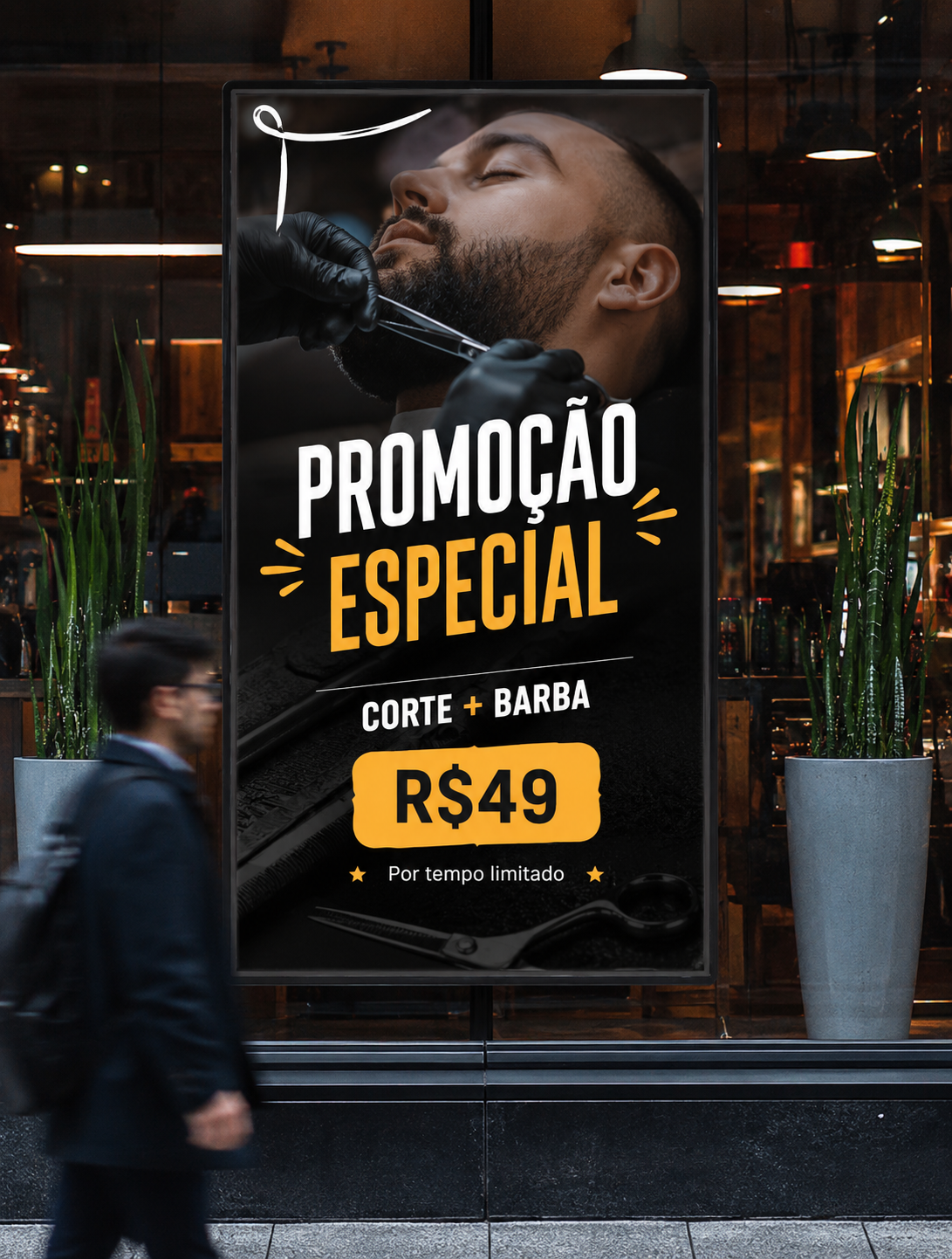 LoopiTV rodando numa vitrine de barbearia, mostrando promoção de corte + barba por R$49